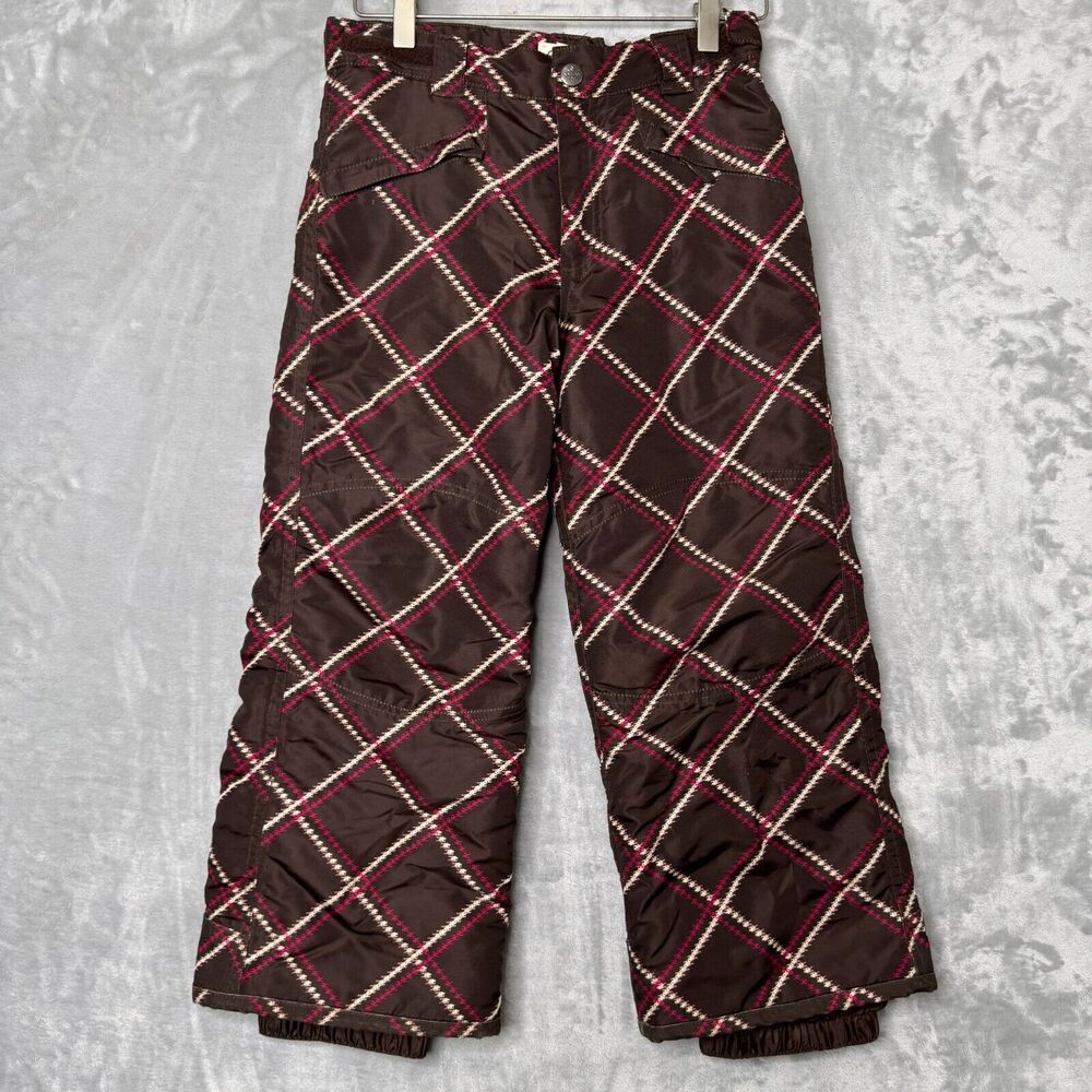 Cherokee Snow Pants Girls 6/6X Brown Pink Plaid Pockets Adjustable Waist Lined